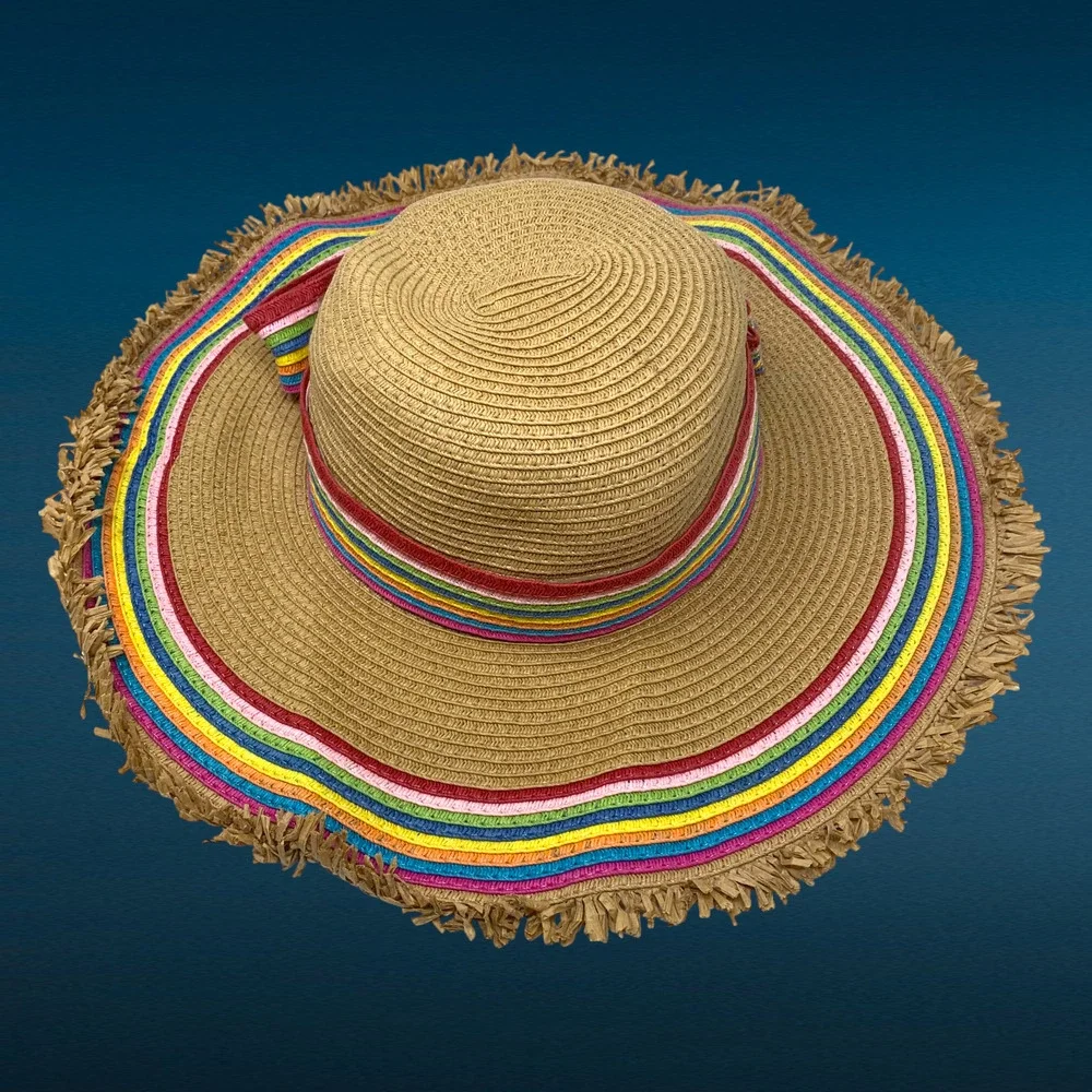 Betsey Johnson Rainbow Ribbon Floppy Sun Hat Wide Brim Straw Beach O/S Adjusts
